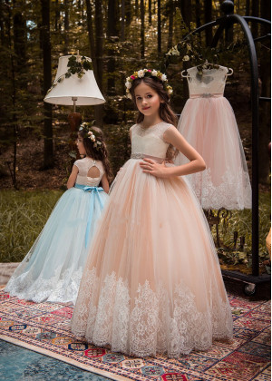 Lace Tulle Floor Length Corset Back Flower Girl Dress Little Bridal Gown